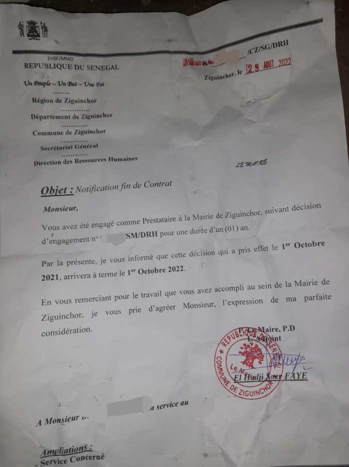 Mairie de Ziguinchor: 145 notifications de fin de contrat envoyées à des prestataires