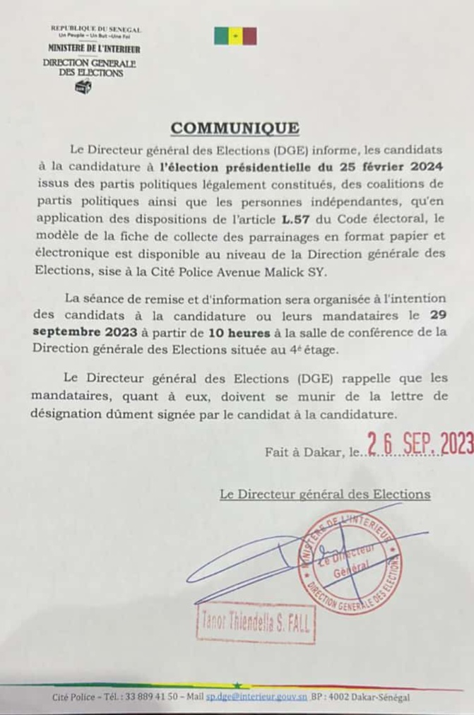 Présidentielle 2024: Le modèle de la fiche de collecte des parrainages disponible, la séance de remise et d&rsquo;information  fixée