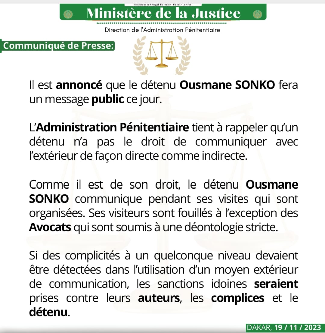 Message annoncé de Ousmane Sonko ce dimanche : L’Administration pénitentiaire menace