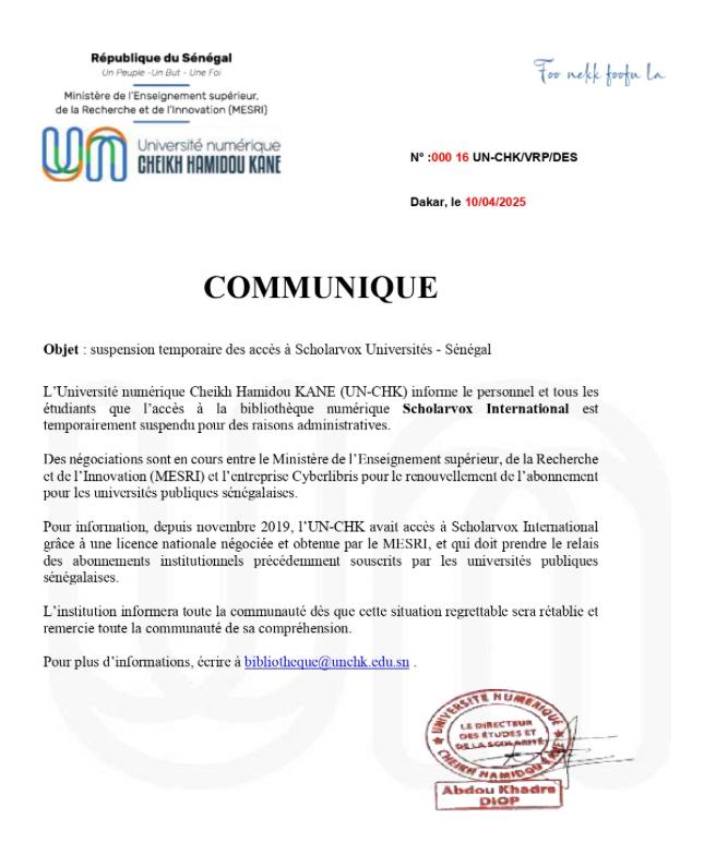 Suspension temporaire de l’accès à Scholarvox : Les universités publiques sénégalaises dans l’attente d’un renouvellement d’abonnement
