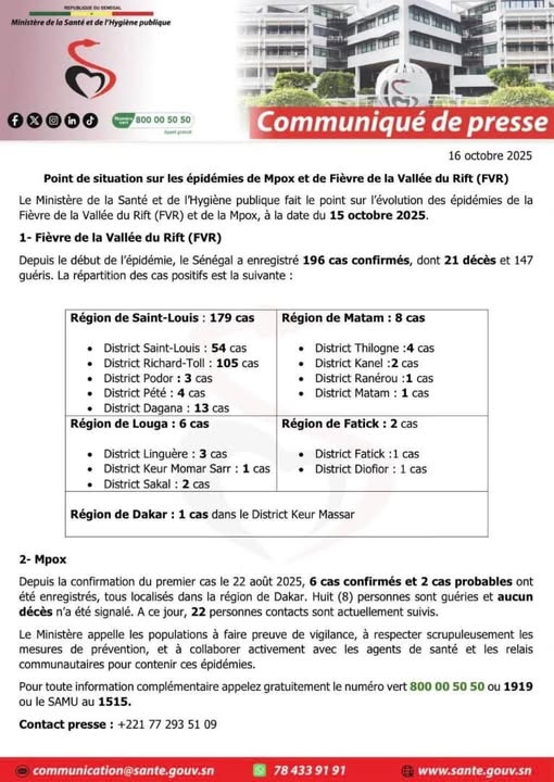 Alerte sanitaire à Dakar : Premier cas de fièvre de la Vallée du Rift confirmé à Keur Massar