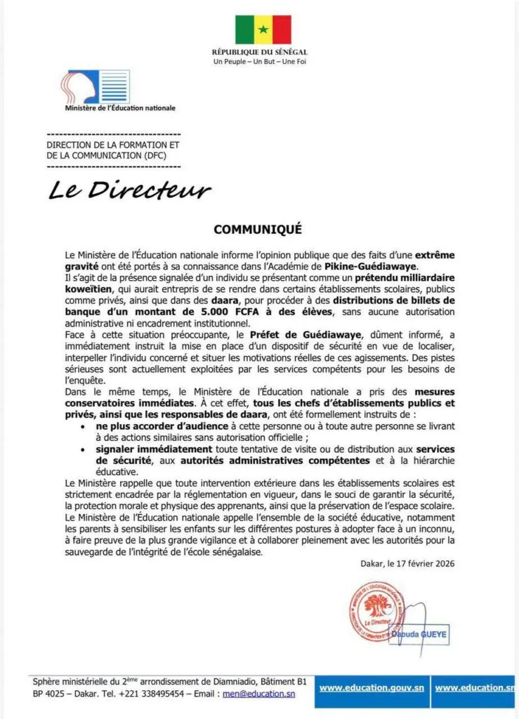 Individu filmé en train de distribuer de l’argent à des élèves : Le ministère de l’Éducation réagit