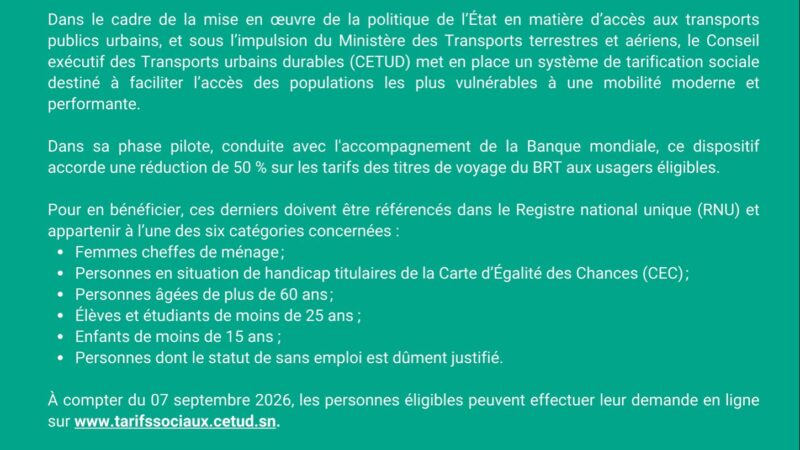BRT : réduction de 50% pour les personnes vulnérables dès le 7 septembre 2026